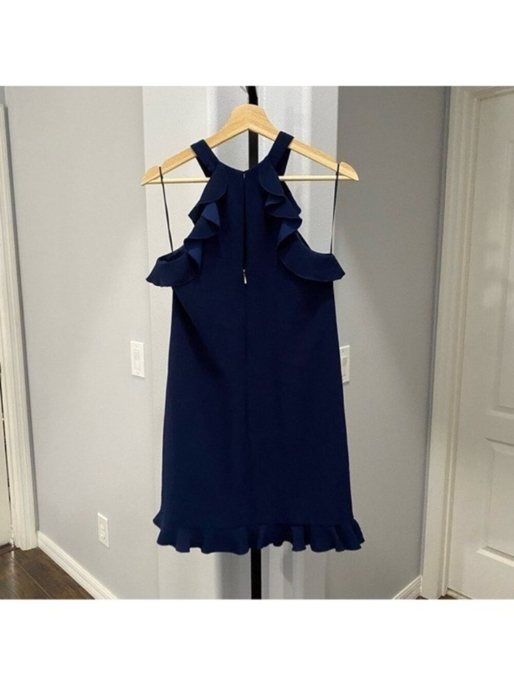 Trina Turk Womens Size 0 Ruffle Myers Ruffled Trim Dress Mini Navy Blue - Picture 6 of 7